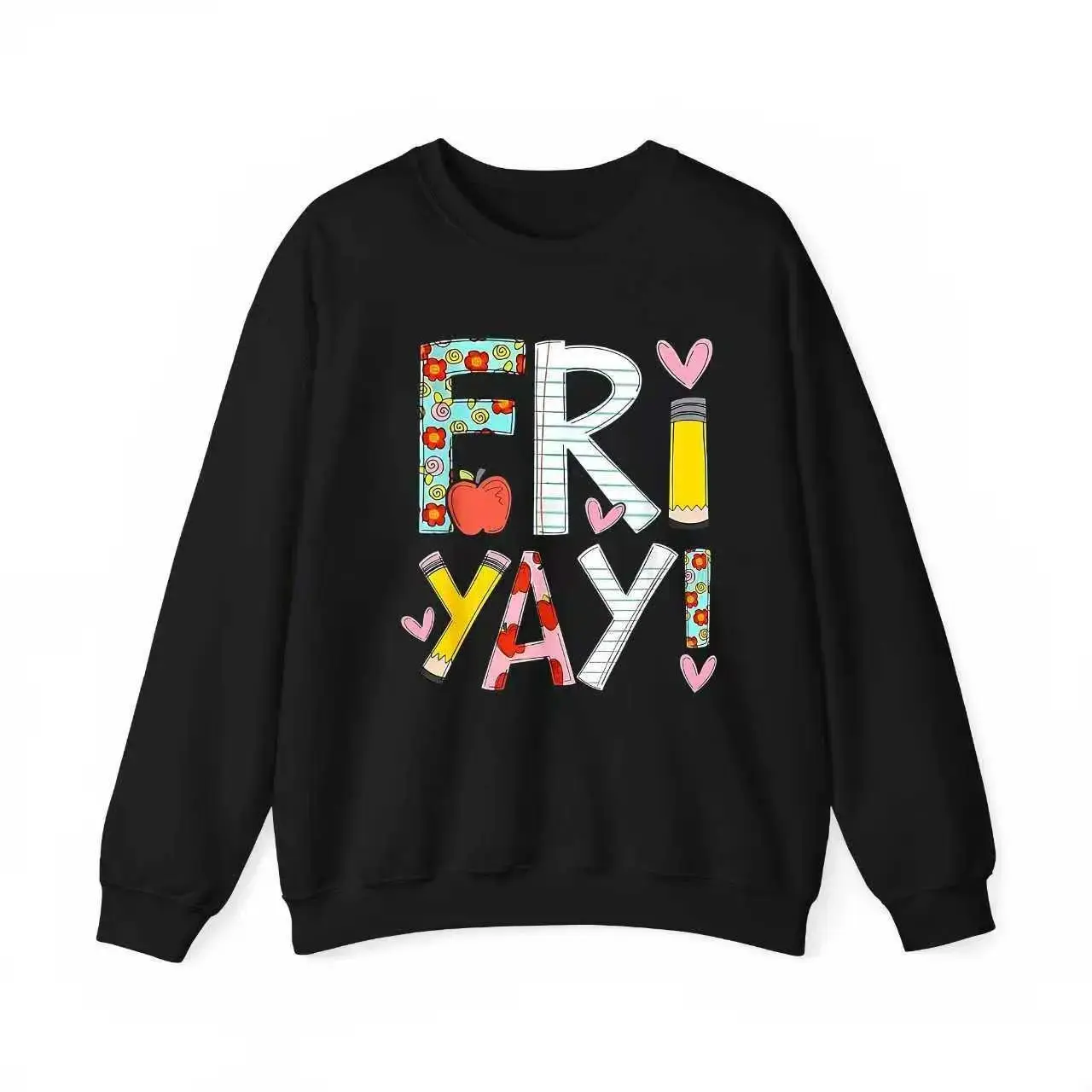 Fri-Yay! Women's Fun Friday Teacher Sweatshirt – Colorful Letter Print with Floral & Elements, Soft , Round Neck, Short Sleeve, Stretch Fabric, Casual Summer Top for Teachers &, Event Attire