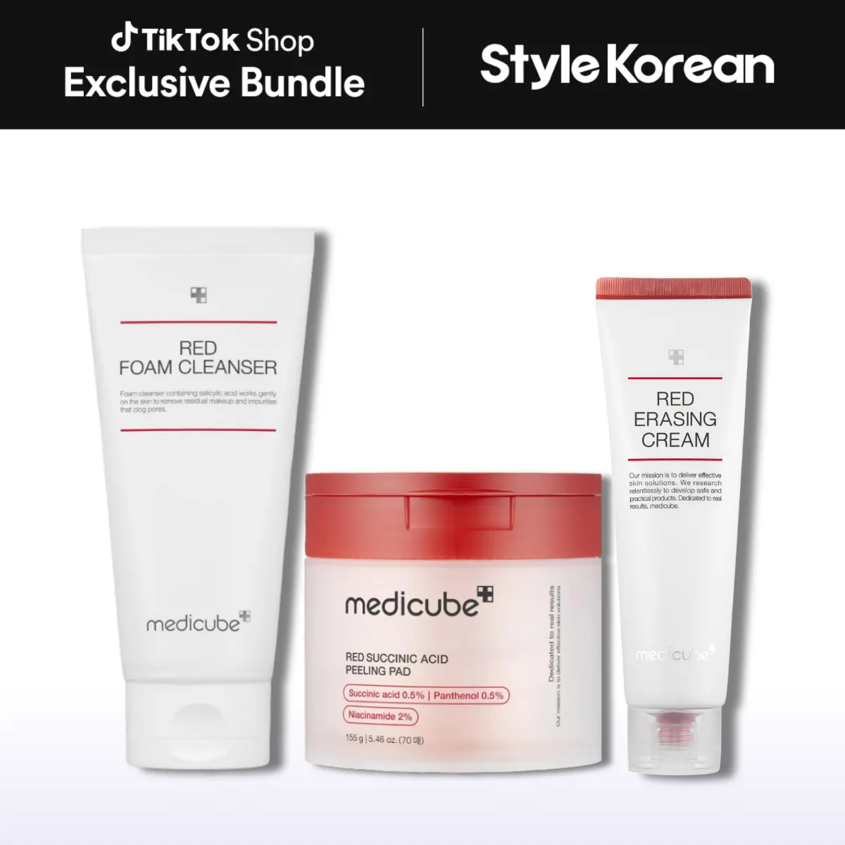 [Official Medicube Partner] Acne Red Care Routine Set - Facial Cleanser Red Foam Cleanser 120ml, Red Succinic Acid Peeling Pad 70ea, Red Erasing Cream 2.0 50ml