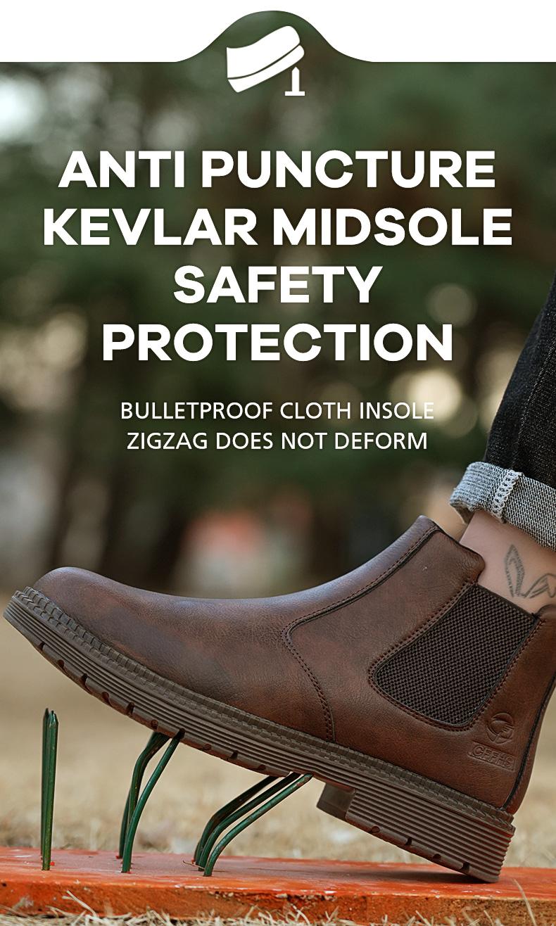 Men's steel-toe sports non-slip work shoes, high-top leather safety boots, have protective functions like anti-smashing and anti-piercing. They are footwear products, Fathersdaygift Boy Closed Bathroom Brown