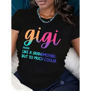 95% Polyester 5% Elastane Casual Crew Neck T-shirt with Gigi Alphabet Print, All-Season Comfort Fit, Knitted Fabric Tee