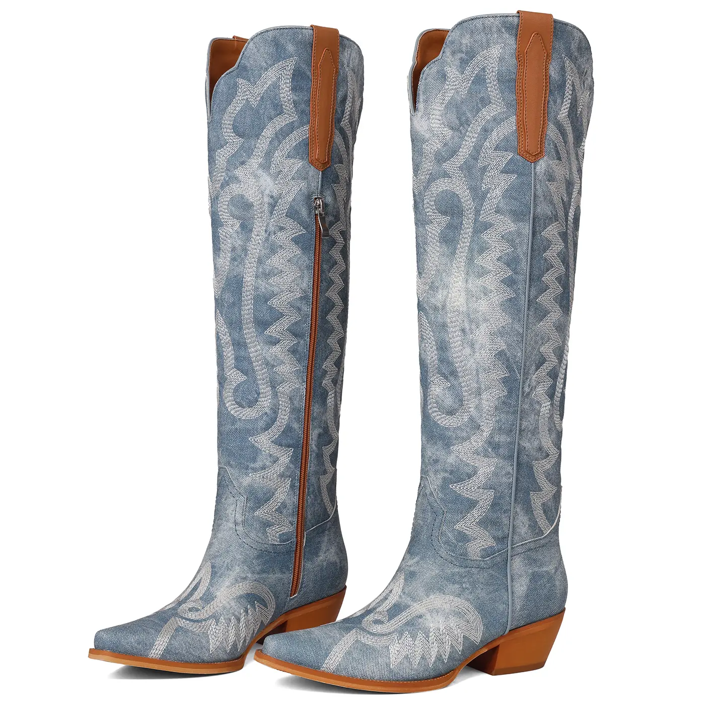 Women's Embroidered Western Cowboy Boots denim-look PU The length of the boots is shorter than the knee Piont-Toe Chunky Heels Boots Knee High Vintage Style Pointed Toe Cowgirl Boots with Intricate Pattern Side Zipper Boots for Casual Festival