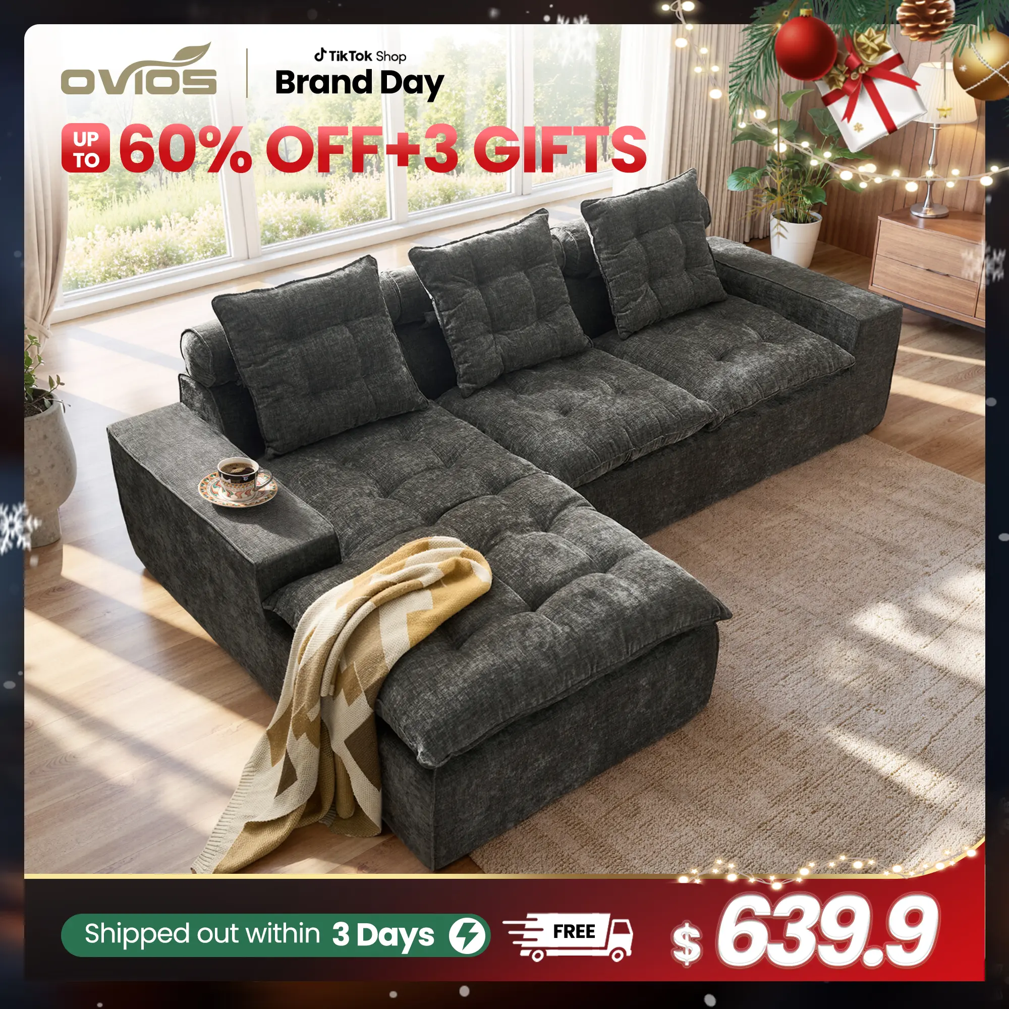 【2 Packages Shipping】OVIOS 106" Modular Cloud Couch, Oversized Deep Seat Chenille Sectional Sofa with Chaise, Boneless No-Assembly Convertible L-Shaped Couch for Living Room, Apartment & Home Theater, Ash Gray