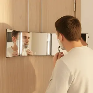 3-fold LED Makeup Haircut Mirror 360° View Vanity Mirrors Touch Dimming Rechargeable Wall-Mountable for Self Haircuts & Trims Door & Bathroom Hanging Options