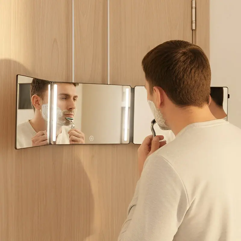3-fold LED Makeup Haircut Mirror 360° View Vanity Mirrors Touch Dimming Rechargeable Wall-Mountable for Self Haircuts & Trims Door & Bathroom Hanging Options