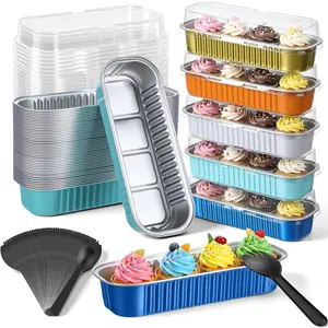 150 Pcs Mini Loaf Pans with Lids and Spoons 6.8 oz Rectangular Aluminum Foil Baking Pans Mini Tins Cake Containers for Bread Desserts