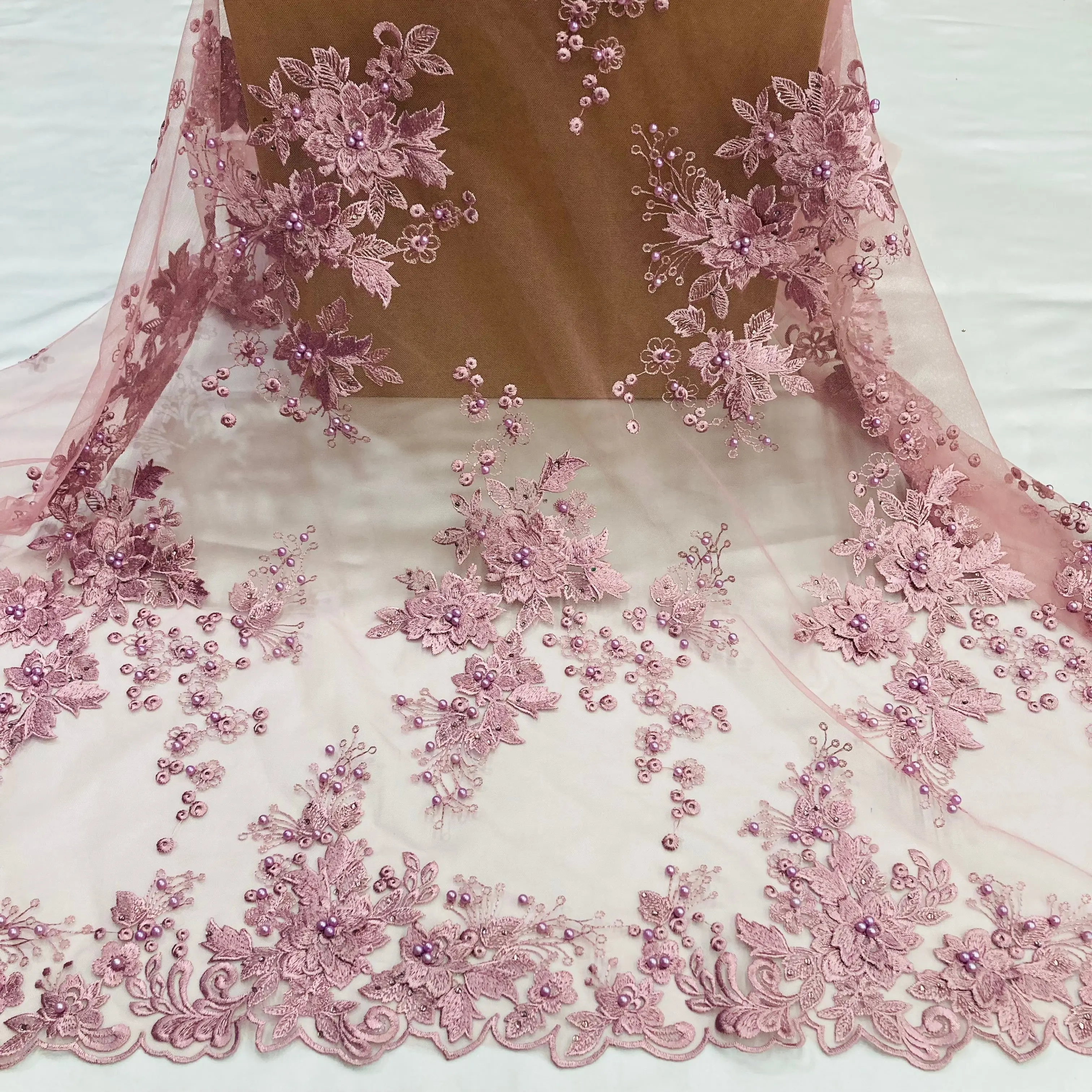Elegant Beaded 3D Floral Lace Fabric, Embroidered with Rhinestones on Soft Polyester Mesh for Bridal Couture Gowns - 52" Wide, Elegant Formal Lace, Floral Lace Design