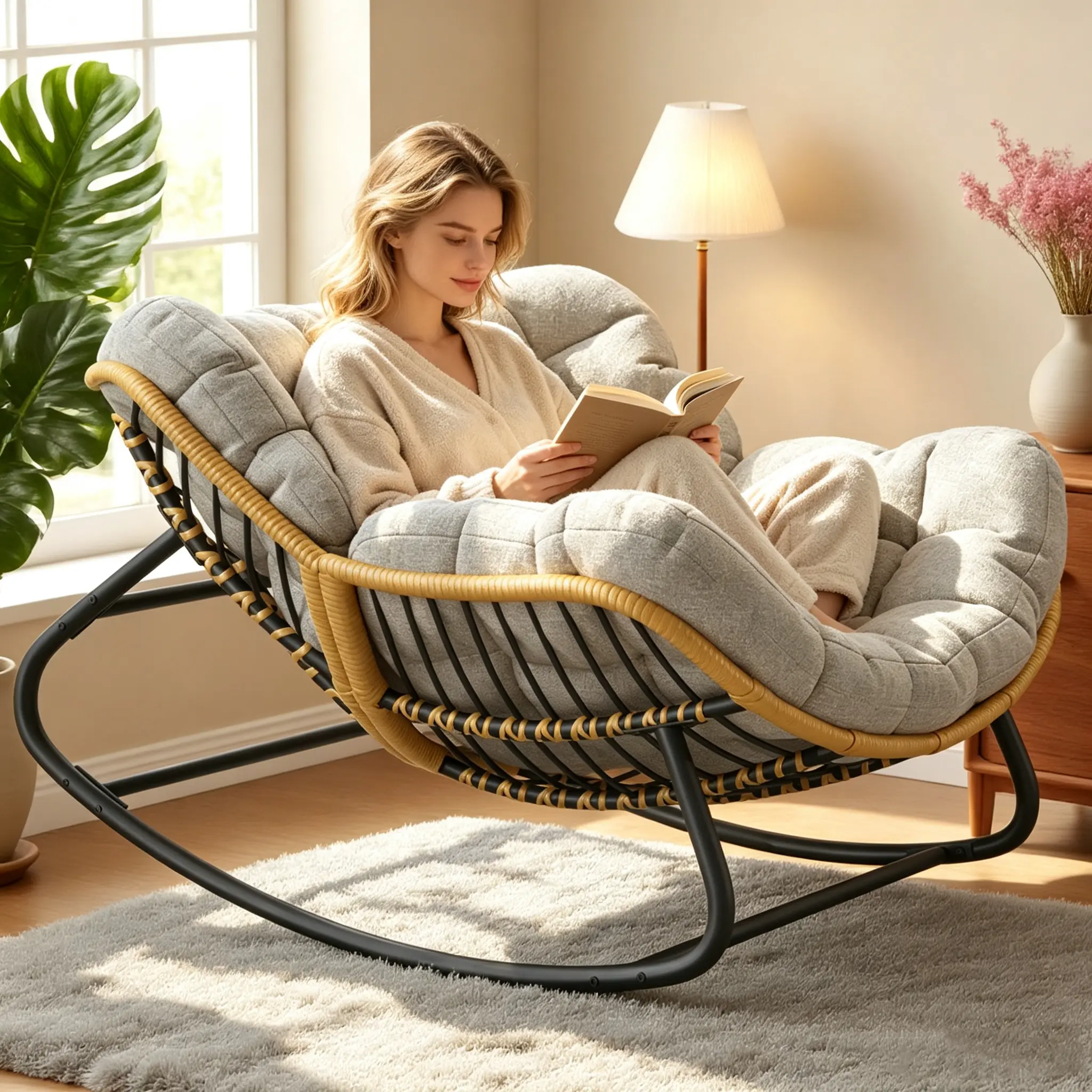 Grey Oversized Papasan Rocking Chair with Padded Cushion - All-Weather Wicker Rattan Lounge Chair for Indoor, Balcony, Living Room
