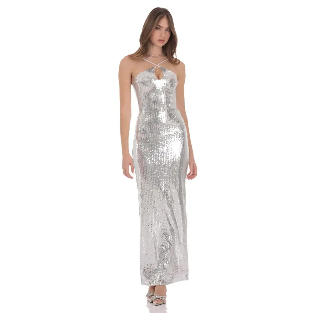Sequin Keyhole Maxi Dress in Silver