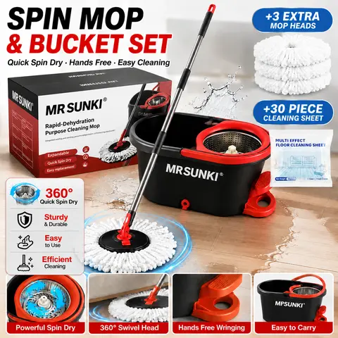 MrSUNKI Spin Mop and Bucket Set with Ft Pedal, Stainless Steel Wringer System, 3 Microfiber Replacement Heads, 30 Floor Cleaning Sheets, 360° Rotating Adjustable Polyester Mop, Essential Cleaning Tools You Need for All Hard Floors
