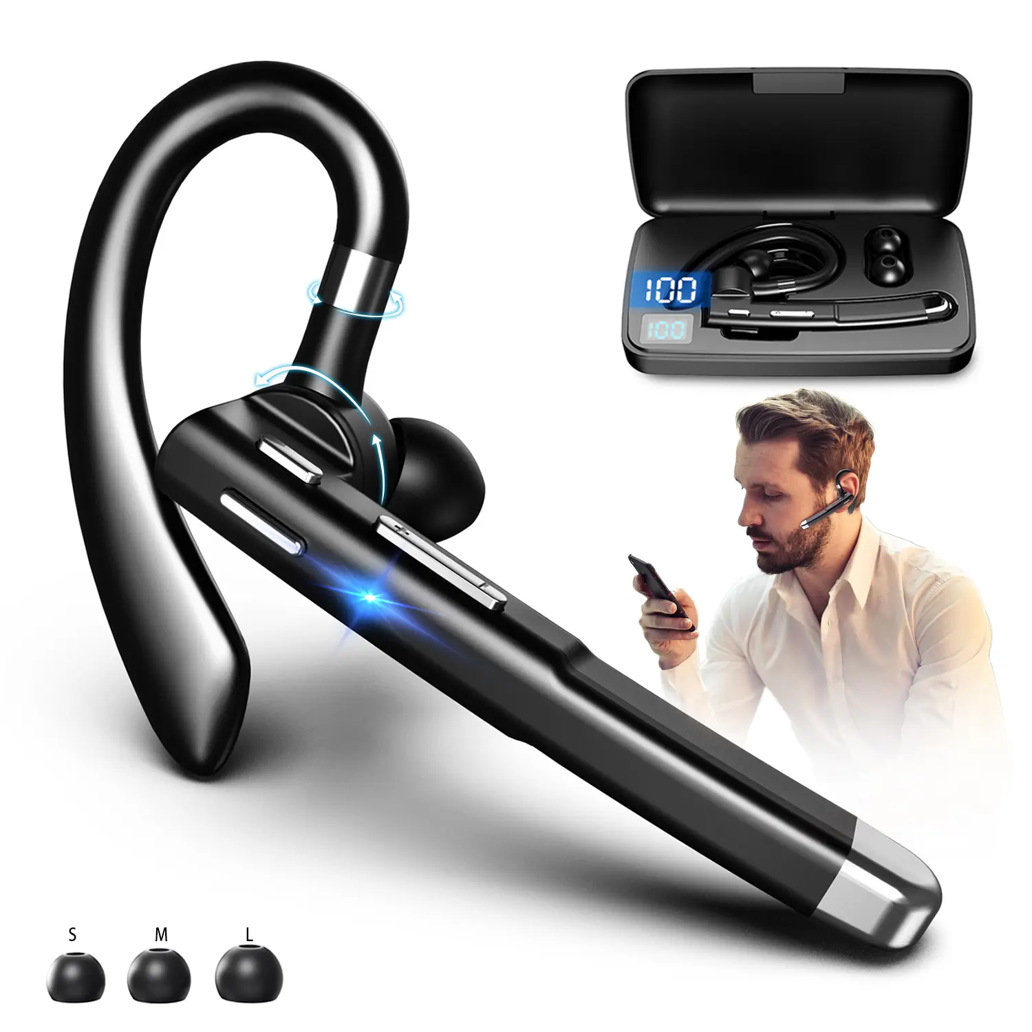 Bluetooth Trucker Headset, Wireless Bluetooth 5.3 Earpiece for Cellphone with Charging Case Built-in Microphone Hands- Free Earphones for Work Office Driver