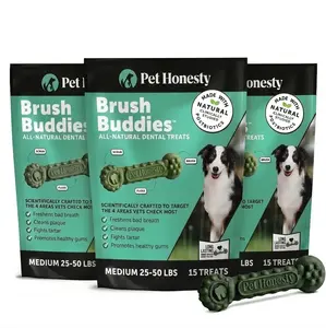 Pet Honesty Brush Buddies All-Natural Long-Lasting Dental Treats for Medium Dogs (3-Pack) — Supports Oral Health, Fights Plaque & Tartar, Promotes Healthy Gums - 45 Count Total (3 x 15 Count Bags) - For Dogs 25-50 lbs