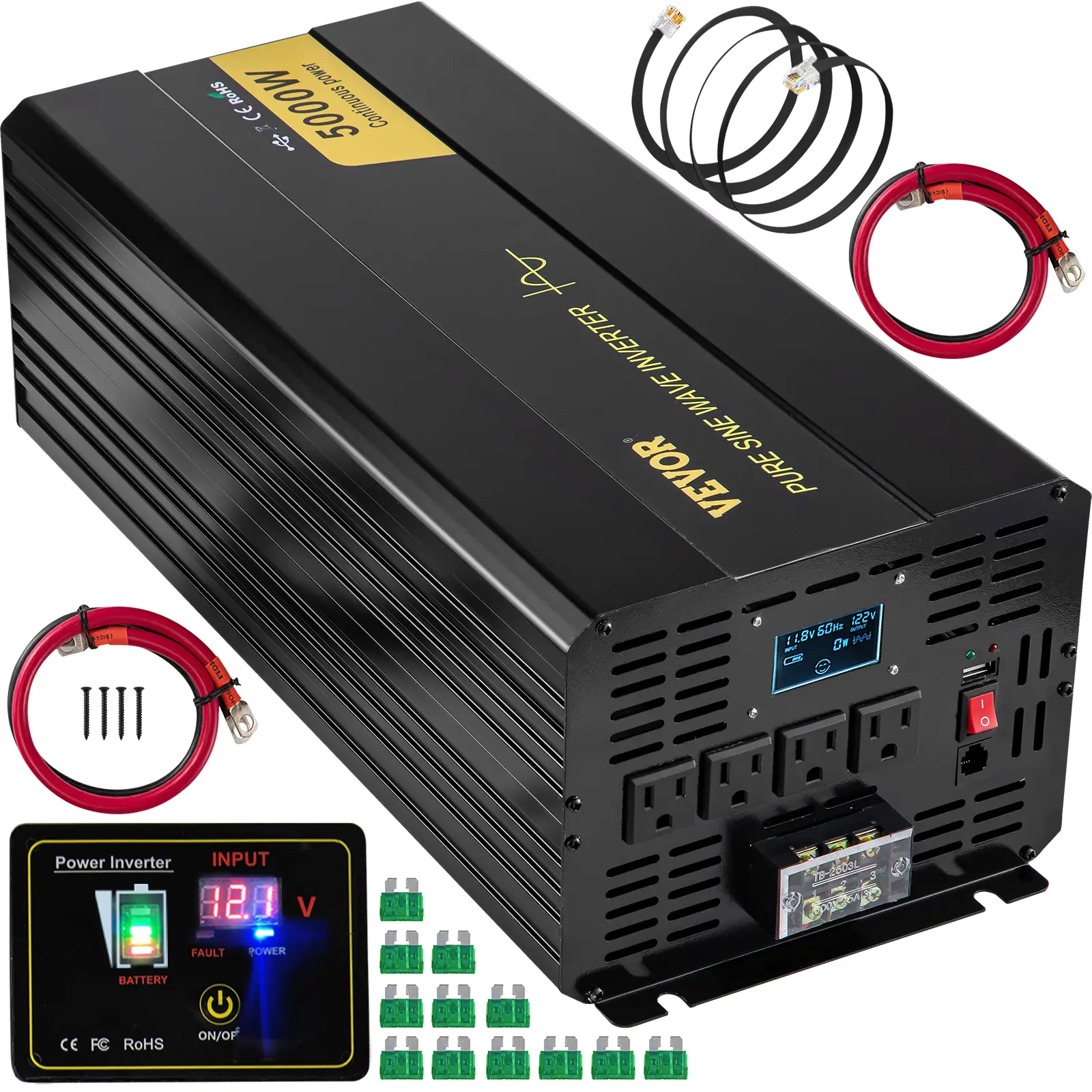 VEVOR 5000W Pure Sine Wave Off-Grid Power Inverter - Converts DC 12V to AC 120V, 10000W Surge Start, LCD Display, USB Port, Remote Controller, AC Outlets, Overheat Protection for Car/RV/Home, Powers Home Appliances, Clean Sine Power
