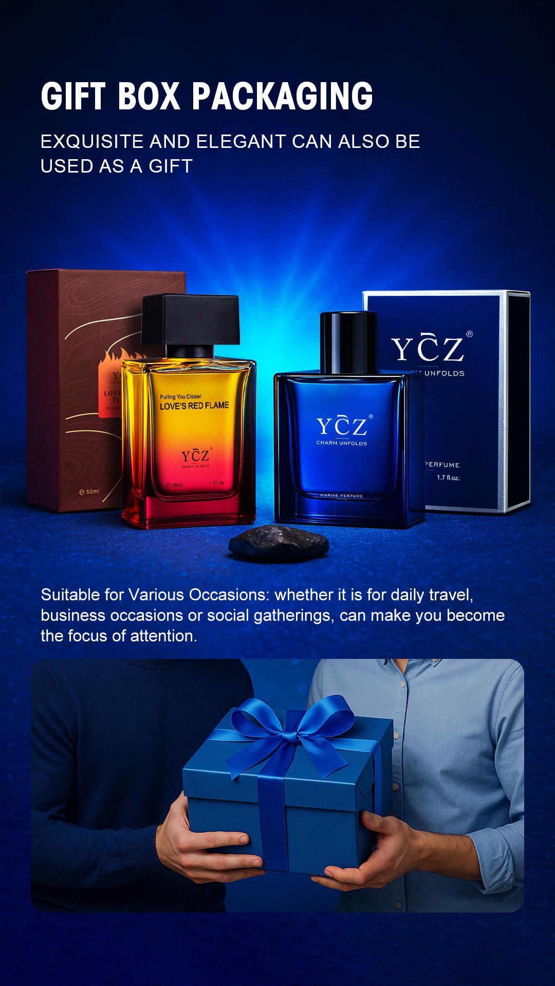 YCZ Men's Cologne 2-Piece Set - Love's Red Flame Woody Spicy Fruity & Midnight Marine Perfume - 50ml Each - Ideal for Daily & Outdoor Use - Fragrance Gift Bundle Charm Unfolds