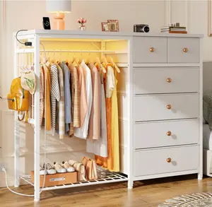 Smart Home Dresser: 49.2" LED Dresser with Wireless Charging, Hanging Rack & 6 Fabric Drawers - All-in-One Bedroom Hub