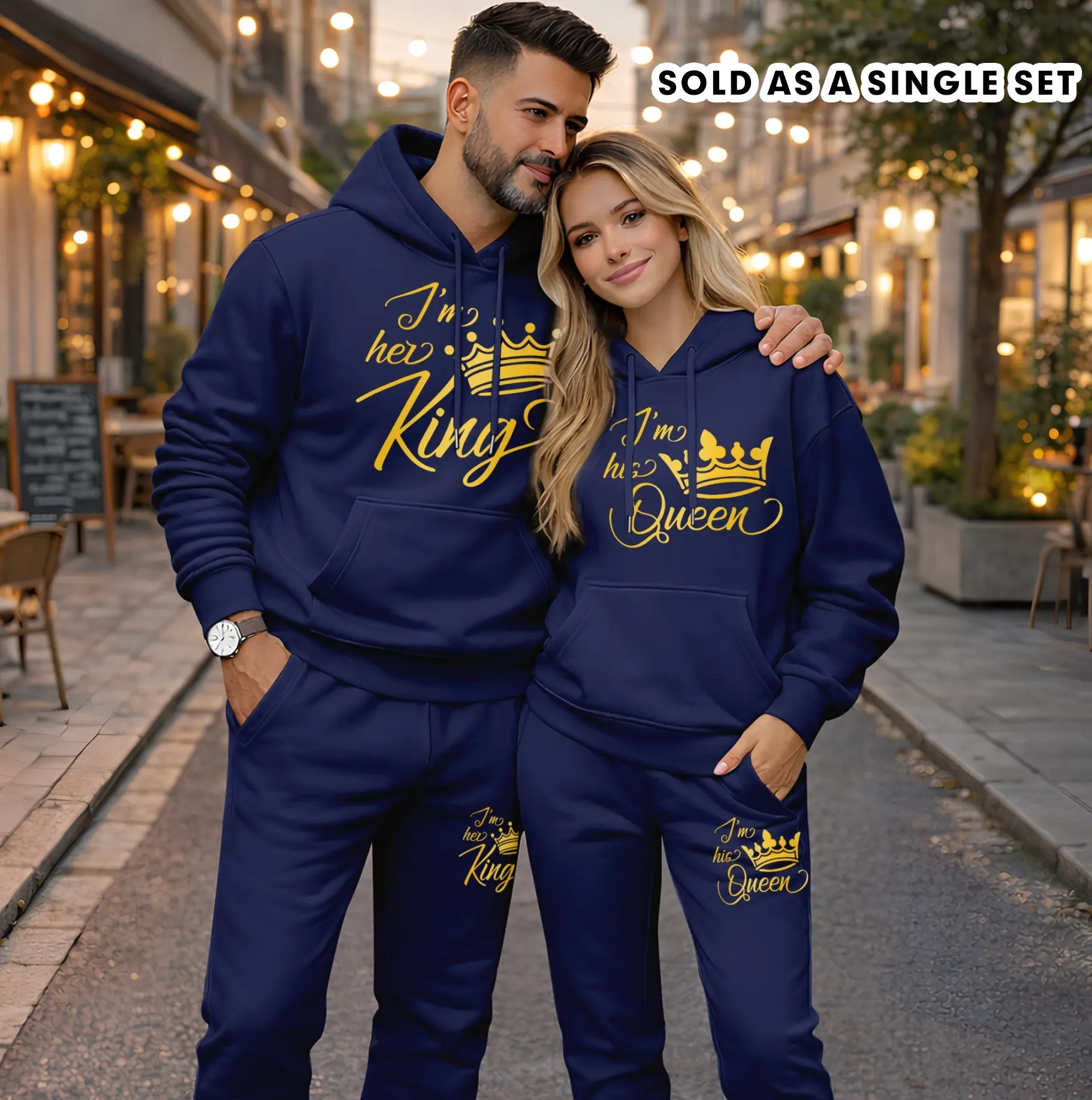 Men's 2-Piece King & Queen Letter Print 100% Polyester Tracksuit - Warm Long-Sleeve Hooded Sweatshirt, Loose Fit Drawstring Sweatpants, Casual Athletic Sportswear for Autumn Winter (Sold as 1 Set, M, Couple Outfits, Sporty Chic)