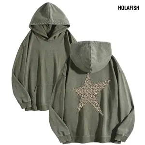 Holafish STAR Hoodies Women's Acid Wash Vintage Print Oversized Hoodies with Cute Print -Unisex Heavyweight Winter Warm Sweatshirt,  Loose Fit Streetwear Tunic for Casual Cold-Weather Wear