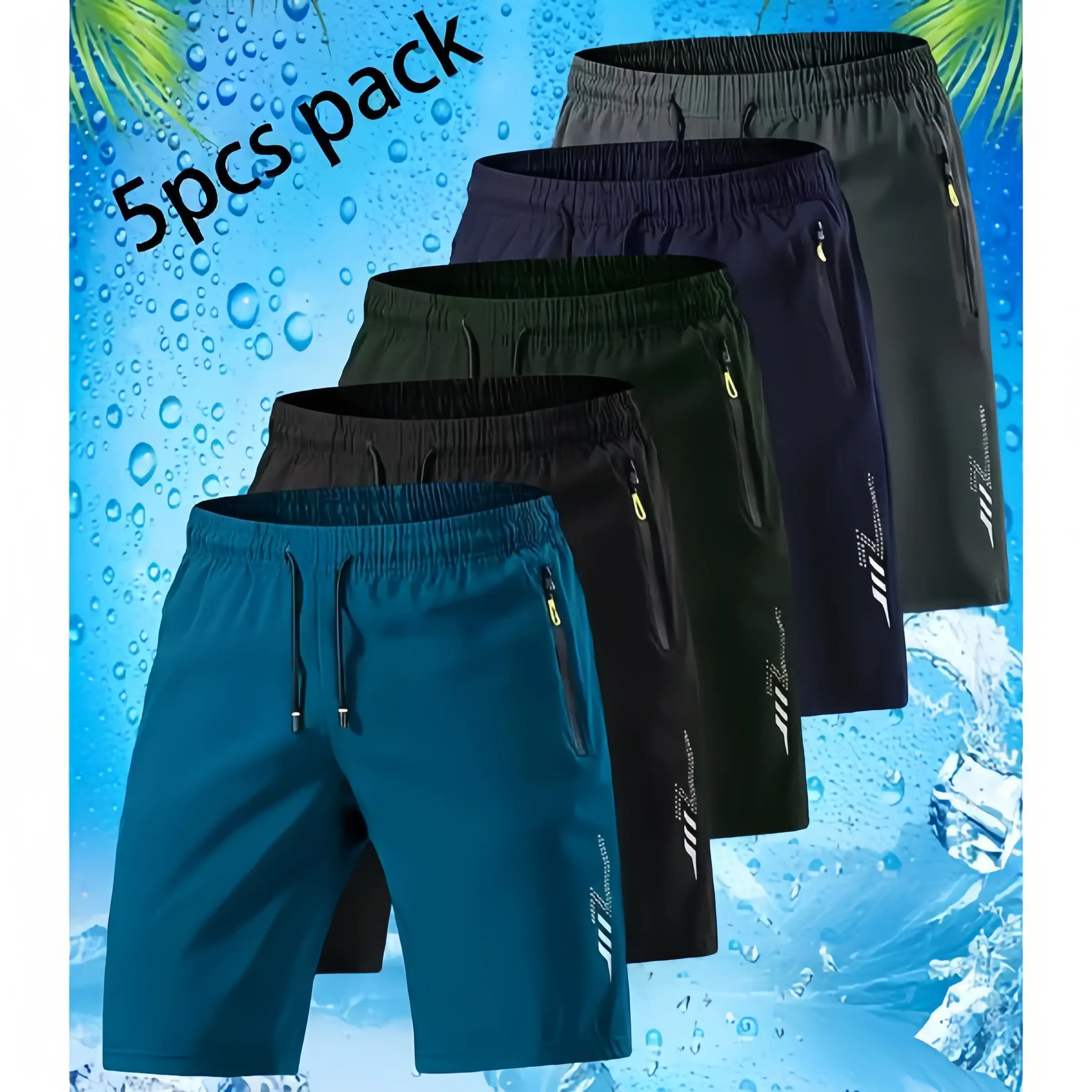 Men's 5-Piece Athletic Wear, Lightweight Quick Dry & Breathable Polyester Blend Swim Trunks with Zip Pockets for Swimming & Running, Lightweight Ice-Feel, Xl