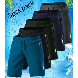 Men’s quick-dry swimwear and running shorts set (total 5 pieces), featuring zippered pockets — lightweight ice-feel fabric, loose breathable swim trunks; navy blue, dark blue, black, teal green, gray