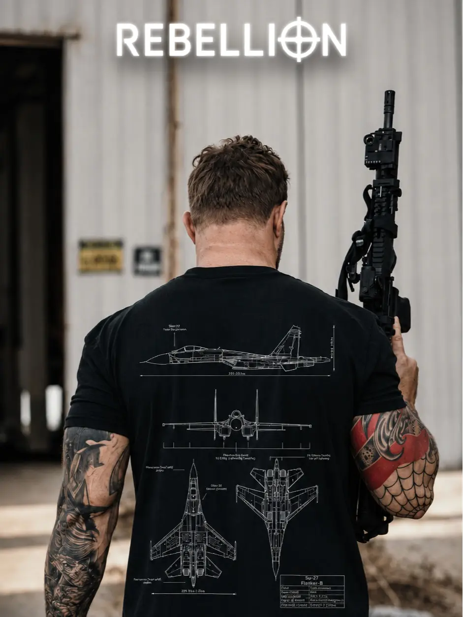 REBELLION CLUB Mikoyan Su-27 Flanker B Heavy Cotton T-Shirt Direct-To-Garment Breathable Printing Tactical Menswear Apparel Military Blue Print Tee Gift For Husband Gift For Men