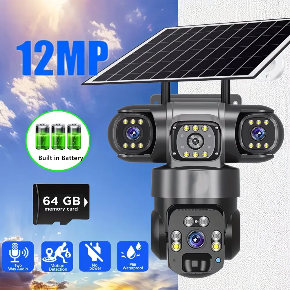 Wireless Outdoor Security Camera - Solar-Powered, 2.4G Wi-Fi, Triple-Lens, Motion Sensor, Night Vision, 2-Way Audio, Abnormal Alarm, IP66 Waterproof, 64GB SD Card Included, Easy Installation, Smart Home Gadgets, Father's Day Gift