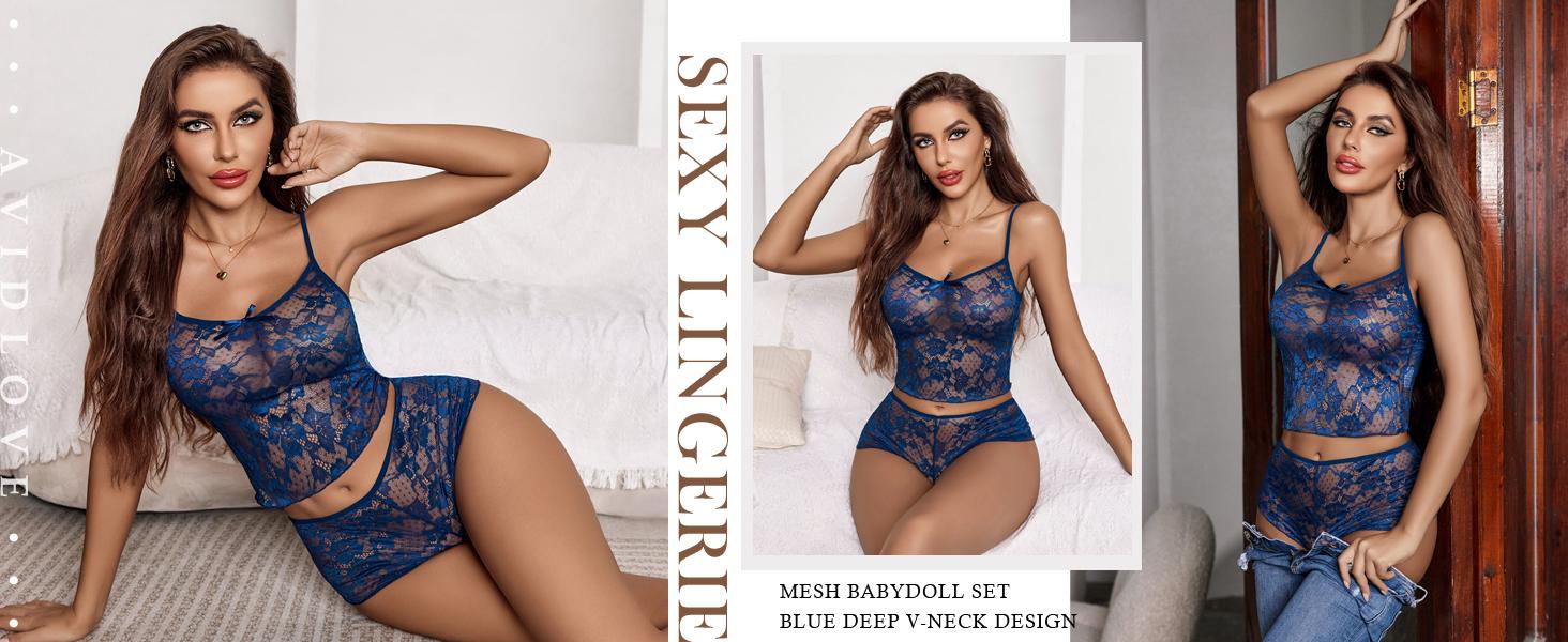 Avidlove Lace Bra and Panty Set V Neck  Lingerie 2 Piece Mesh Bralette Set
