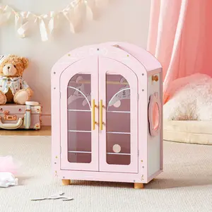 ROBUD Wooden Doll Furniture - Wardrobe, Pink wooden baby doll closet with removable mirror, Fits Dolls up to 20 inches
