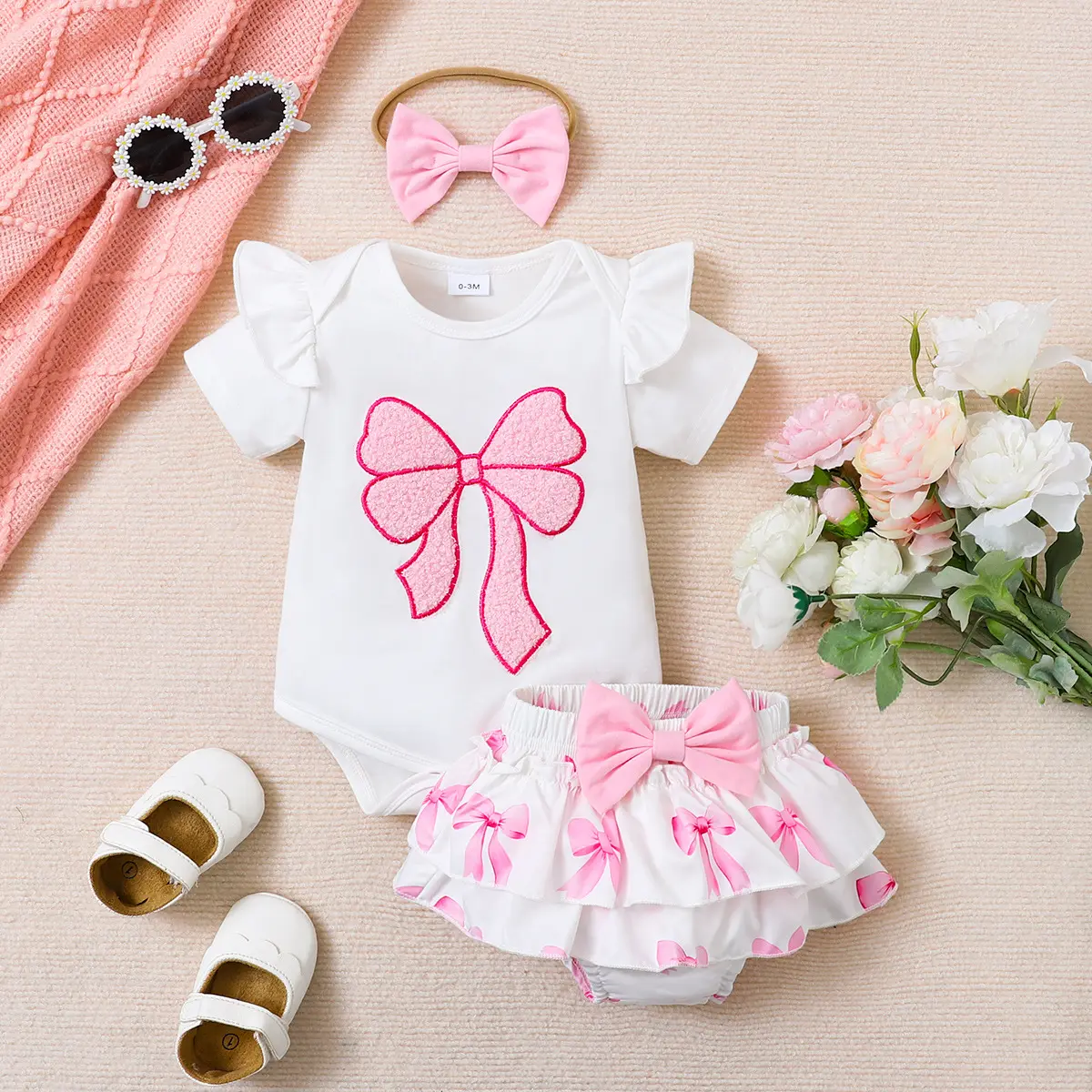 (New)Baby Girl 3-Piece Outfit Set Pink Bow Embroidery Ruffle Bodysuit & Skirt Bloomers with Headband (0-18M) Ready Stock FE-B2603181, Snap, 3-6M
