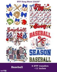 Baseball DTF Gang Sheet: 6 Ready To Press Transfers - 23x30, Full-Color Printing, Next Day Shipping Faux Yarn Gansheet