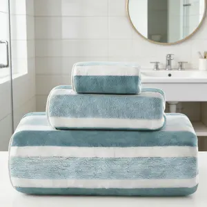 3-Piece Striped Microfiber Towel Set, Ultra Soft Absorbent Quick-Dry Bathroom Towels with Teal & White Stripes, Includes Bath Towel, Hand Towel & Washcloth, Luxury Hotel Quality for Bathroom, Spa, Shower, Gym