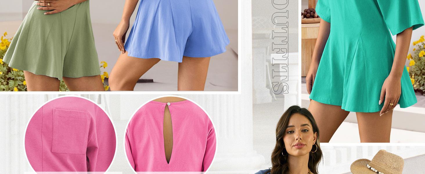 Imily Bela Rompers for Women Spring Outfits Summer Casual Short Sleeve Crew Neck Loose Jumpsuits with Pocket