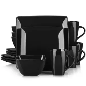 vancasso Soho Stoneware Square Dinner Set - Black, 16 Piece Dinnerware Service for 4 with Plates, Bowls, and Mugs