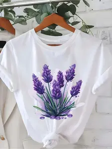 Women's Lavender Lilac Flower T-Shirt - Casual Short Sleeve Round Neck Blouse with Lilac Print, Spring Summer Casual Attire, Comfortable & Affordable Lilac Shirt for Women (No Underlay)