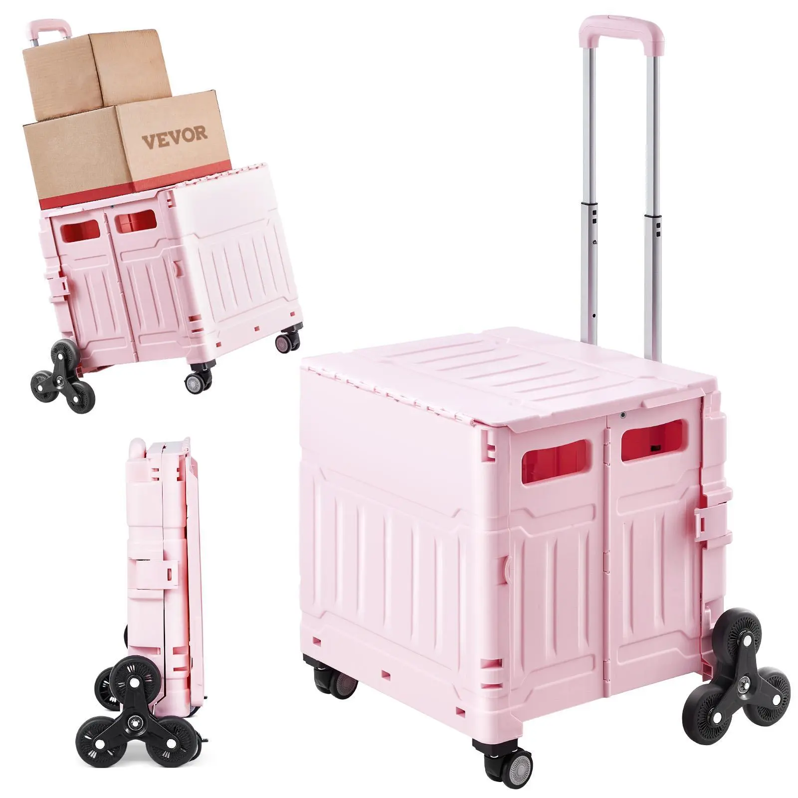 【SummerFinds】VEVOR Foldable Utility Cart,  , 65L Collapsible Portable Crate Rolling Cart with Stair Climbing Wheels & 360° Swivel Wheels, Hand Cart with Telescoping Handle for Shopping Office Moving Teacher, Pink