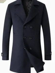 Men's Mid-Length Double-Breasted Woolen Overcoat blue