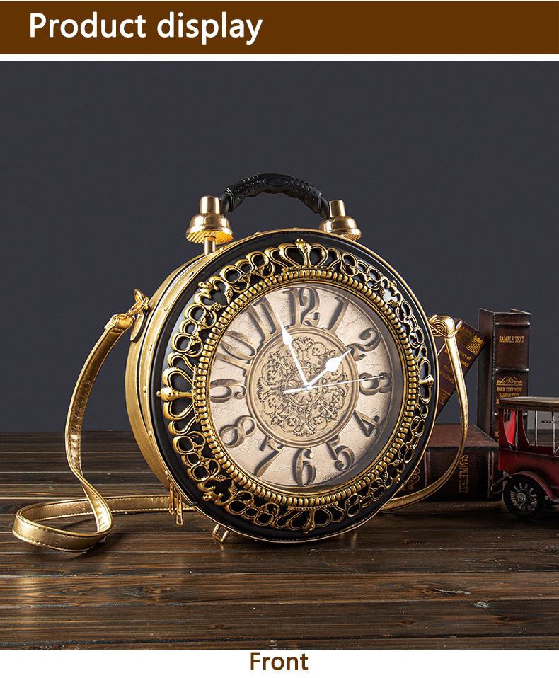 Ladies' Retro Roman Digital Clock Face Crossbody Bag with Adjustable Straps Golden Hardware Zipper Closure Bell-shaped Design Large Dial Black Hands Casual Flap Pocket