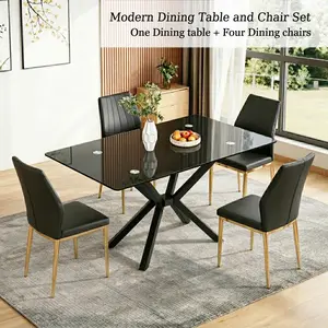 [2 Packages] Modern 5Pcs Glass Dining Table Set with 4 Chairs, Tempered Glass Kitchen Table & Ergonomic PU Leather Chairs for Small Space Apartment, Black+Gold
