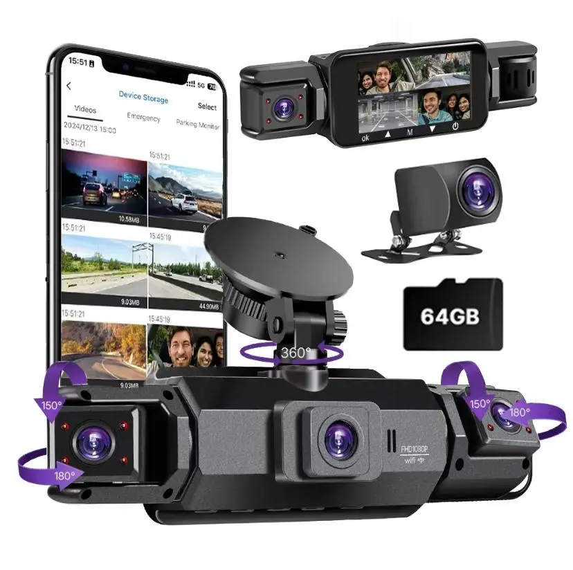 4 Channel Dash Cam with 360° Surround View  Includes FREE OBD Cable for 24/7 Parking Monitor  4 Lens Front Rear Inside Left Right Recording   3" Display, Built-in WiFi, 64GB Card  Clear Night Vision, HDR，Automotive Driving Recorder