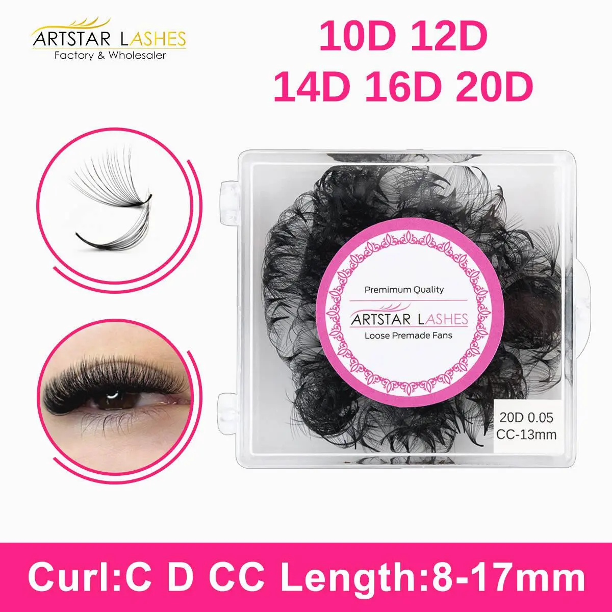 ARTSTAR 500Fans Loose Fans Eyelash Extensions 10D 12D 14D 16D 20D Pointy Base Lashes 8-17mm Length 0.03mm Thickness Volume Lash 2026 New
