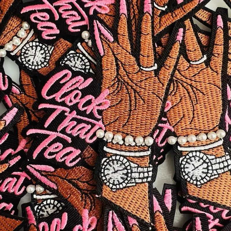 “Clock That Tea” Patch – Sassy Embroidered Hand with Pearls & Watch