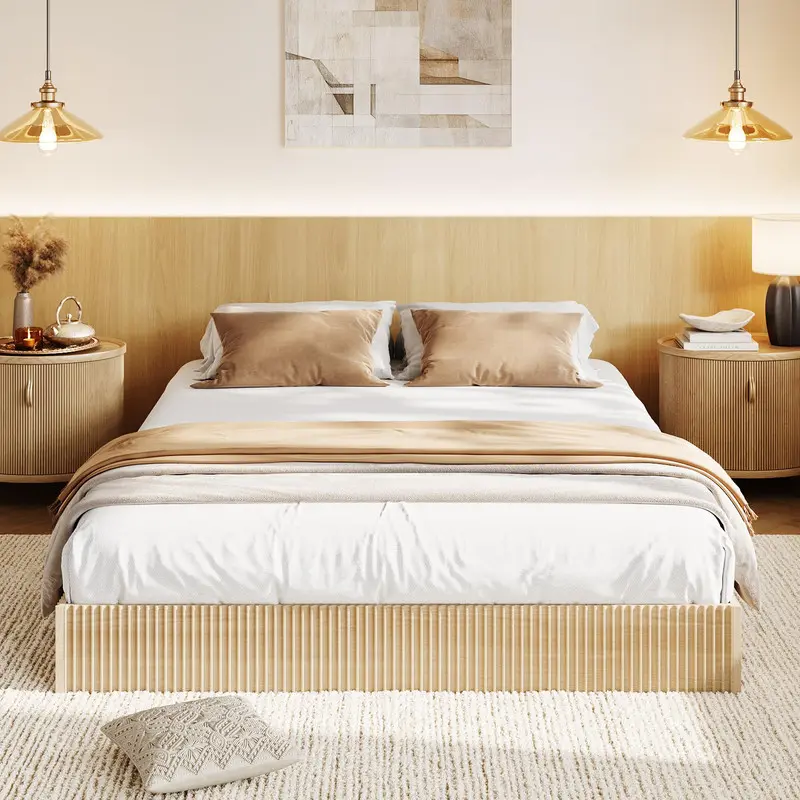 Wood Bed Frame, Wooden Platform Bed with Fluted Design, Queen Bed Frame with Study Support, Easy Assembly, No Box Spring Needed, Noise Free, Oak