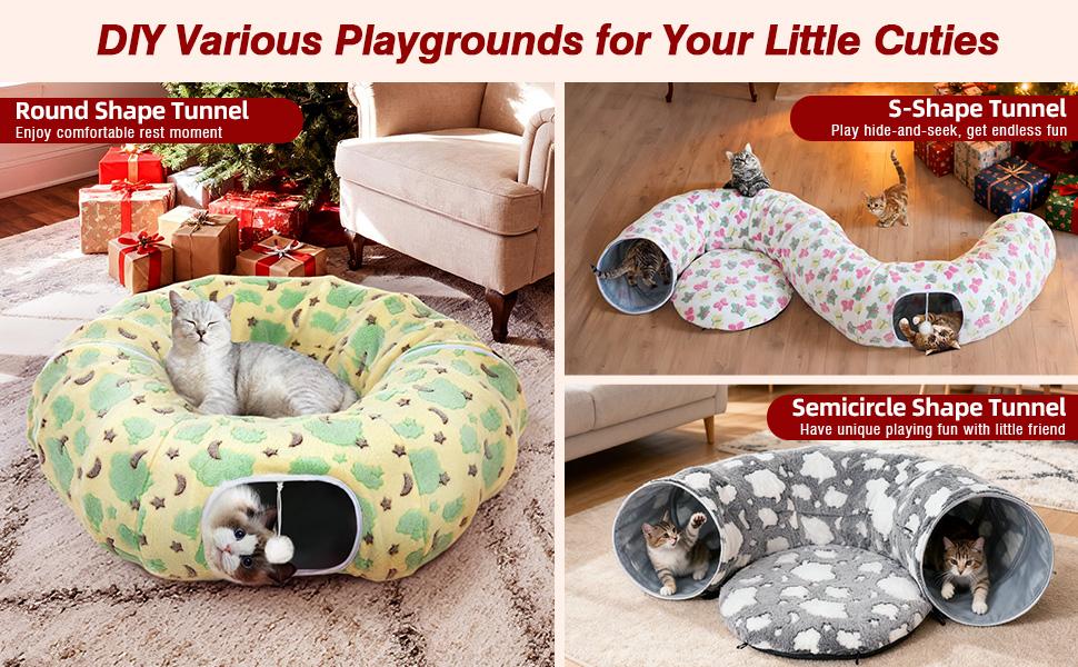 Cat Tunnels for Indoor Cats, 35'' Plush Cat Tunnel Bed Christmas Tree Skirt with Playful Ball and Circle Cushion, Foldable Peekaboo Cave, Interactive Toy,