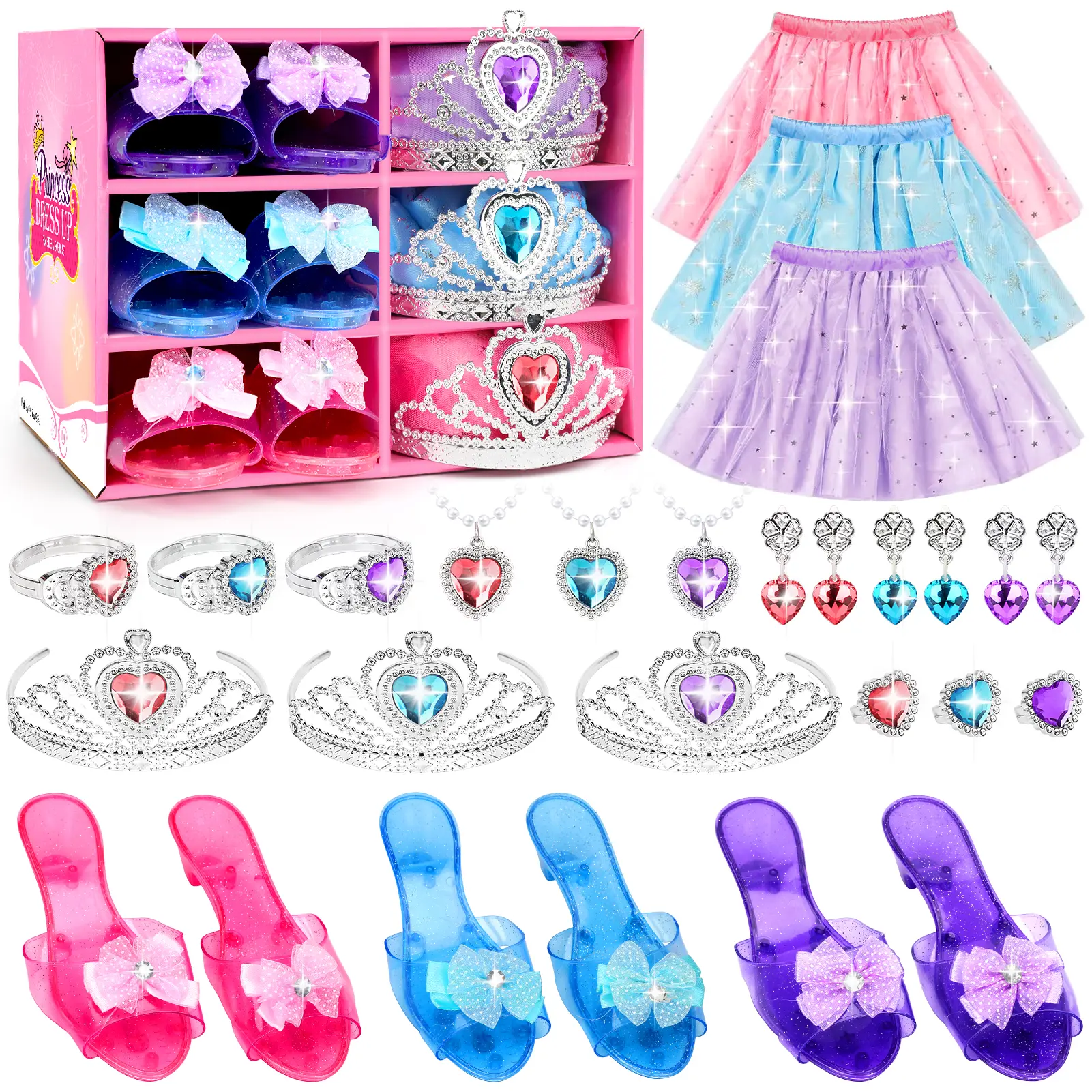 Girls' 28PCS Princess Fancy Dress Up Set - Skirts, Shoes, Crown, Jewelry - Imaginative Pretend Play Toddler Outfit Toys, Full Princess Look, Birthday Gift Ready for Ages 3+, Fancy Dress Party, Imaginative Play