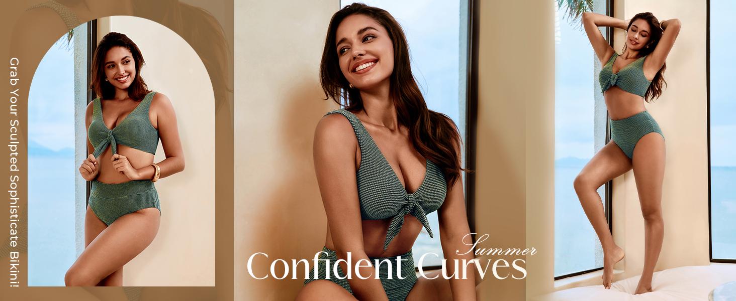 【S-2XL】Hanna Nikole Women's High Waisted Bikini Sets Two Piece Swimsuit with Tummy Control Textured Bathing Suits Tie Knot Swimwear for Beach Vacation SpringStatements