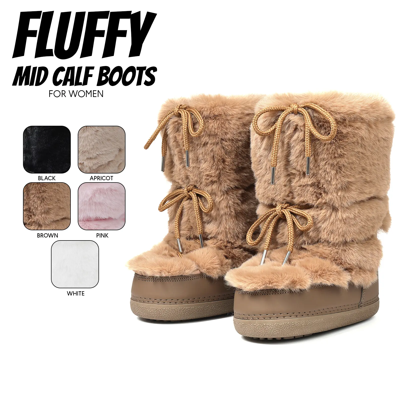 Womens Faux Fur Boots Cozy Fluffy Plush Round Toe Platform Heel Lace Up Non-Slip Comfortable Warm Cotton Ski Boot for Fall Winter Spring Summer Work Casual Festivals Outings Holidays Outdoor Chill Day Mid Calf Dressy Shoes