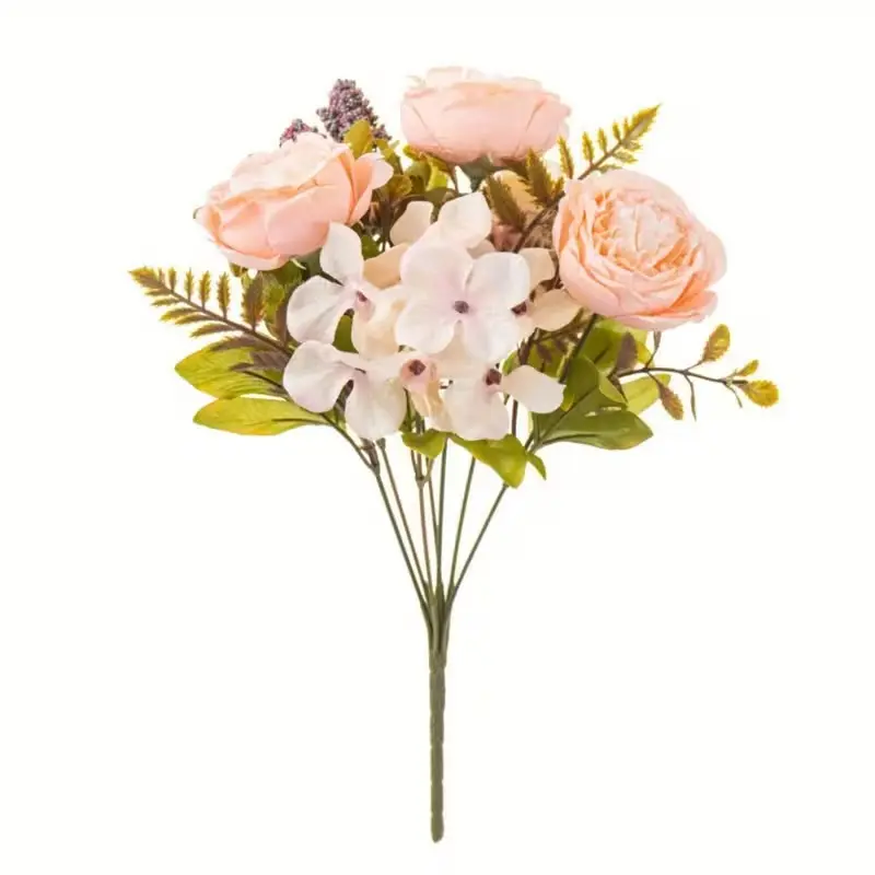 7-Head Champagne Finish Plastic Artificial Hydrangea & Peony Bouquet - Lifelike, Lightweight Retro Floral Decor for Bridal Arch Decor, Rustic Wedding, Bohemian Living Room Table Adornment, Cake Side Accent