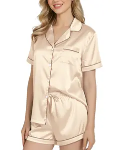 NY Threads Women's Silk Satin Pajamas Set Button Down Top and Shorts 2 Piece Sleepwear Loungewear Pjs Set