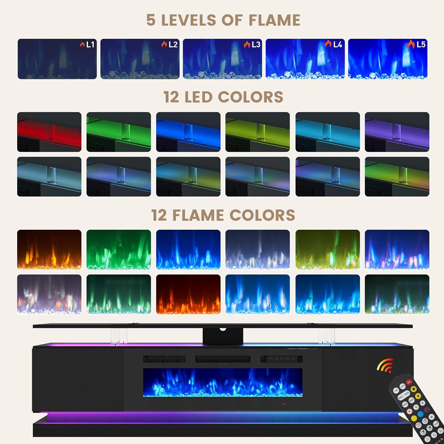 【2 Packages Shipping】oneinmil 70" Fireplace TV Stand, Modern Entertainment Center for TVs Up to 80”, TV Console with Storage Cabinets, Media Console for Living Room, White TV Stand and White Fireplace