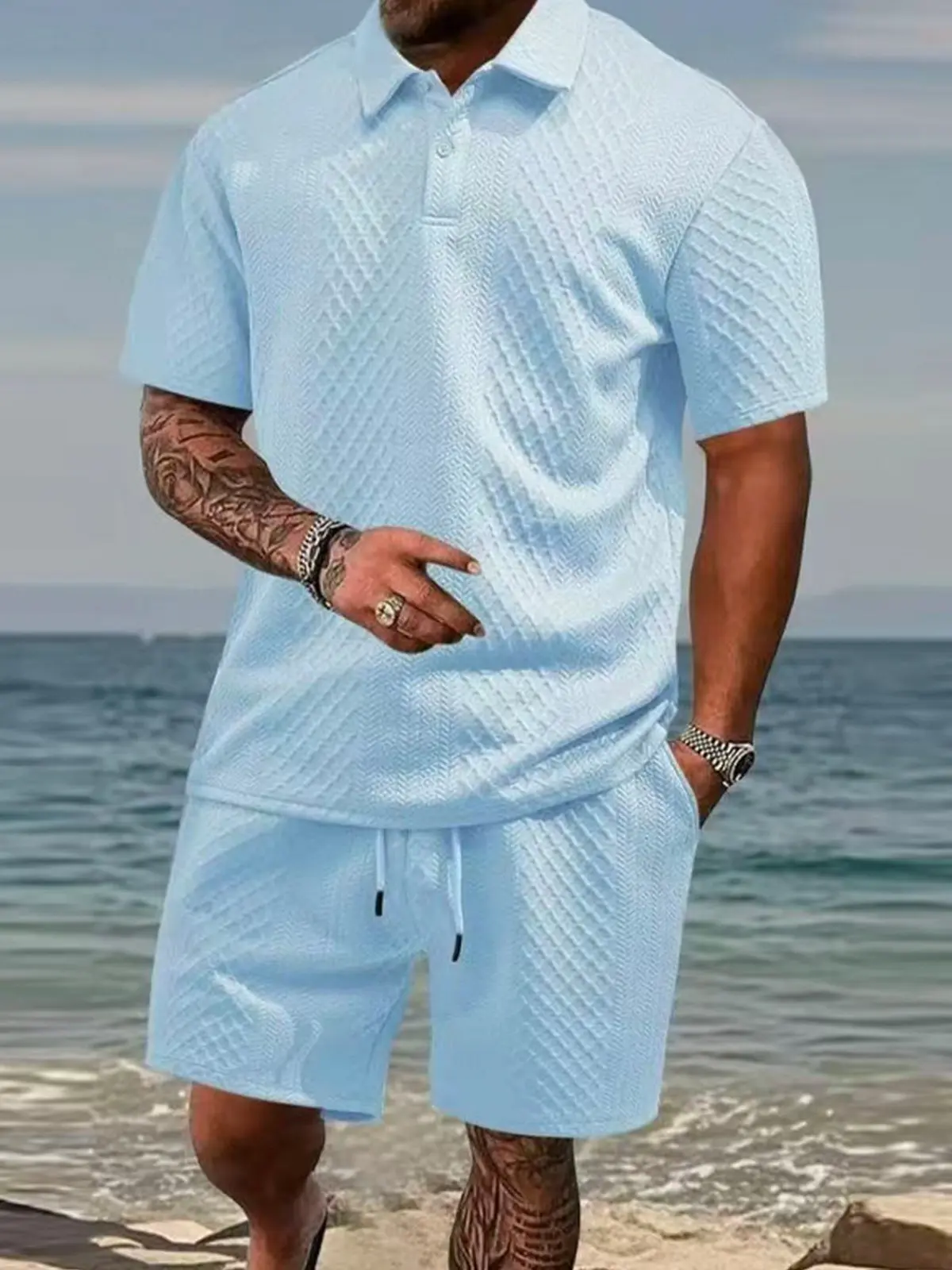 Men's Summer 2-Piece Matching Set - Textured Solid Color Sleeve Shirt & Casual Tee Shorts, Loose Fit, Breathable Cool, Versatile for Casual Sports, Essential Menswear Outfit, 2 Piece Sets