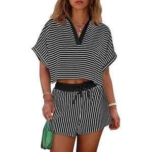 Cicy Bell Womens Striped 2 Piece Short Sets Summer Short Sleeve Collared V Neck Cropped Tops Vacation Casual Lounge Outfits
