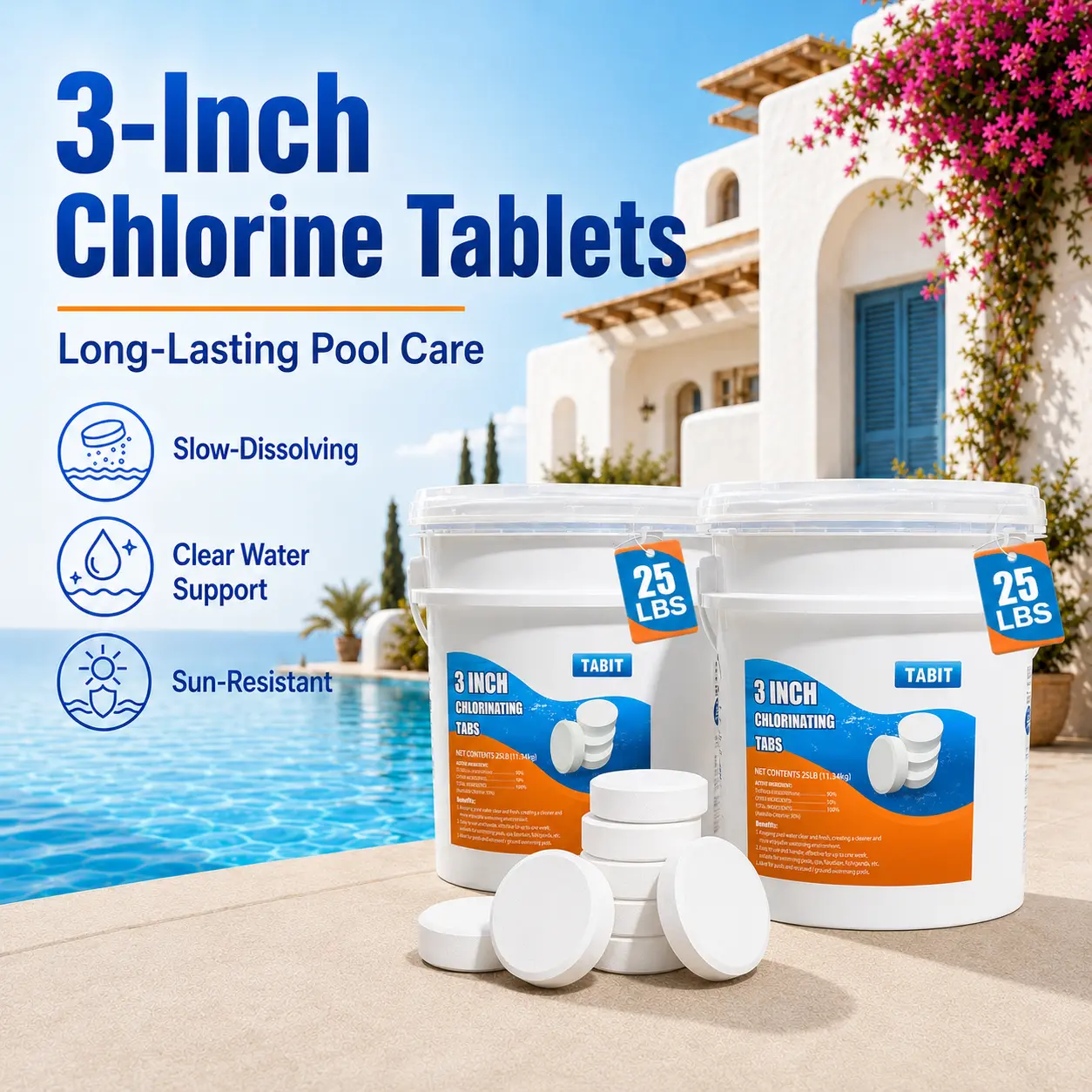 【50 lbs】TABIT 3  Inch Chlorine Tablets for Swimming Pools, Slow Dissolving Tablets for Consistent Chlorination and Long-Lasting Protection Kills Bacteriaand Stops Algae Spa and Hot Tub 50 lbs